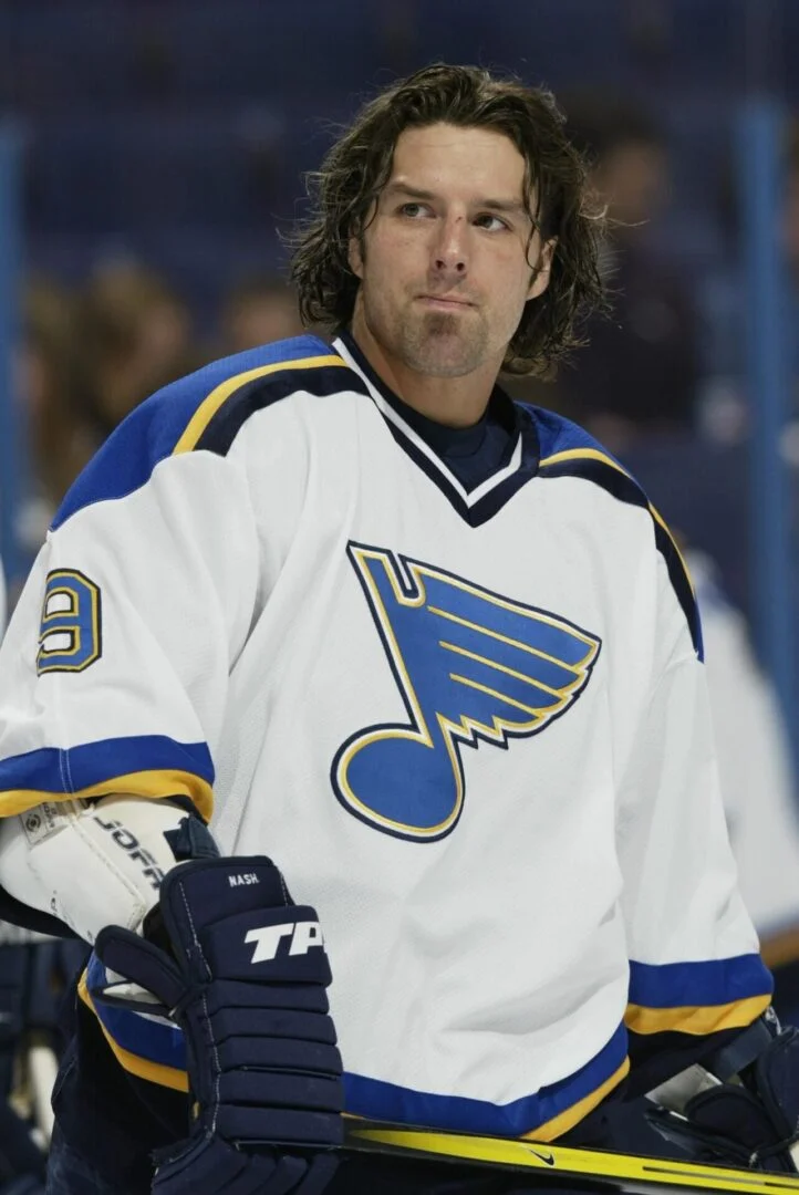 A hockey player in white and blue uniform.